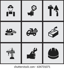 Set Of 9 Editable Building Icons. Includes Symbols Such As Construction Tools, Spatula , Hands. Can Be Used For Web, Mobile, UI And Infographic Design.