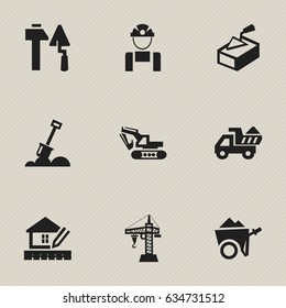 Set Of 9 Editable Building Icons. Includes Symbols Such As Spatula, Camion, Home Scheduling And More. Can Be Used For Web, Mobile, UI And Infographic Design.