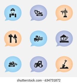 Set Of 9 Editable Building Icons. Includes Symbols Such As Employee, Home Scheduling, Mule And More. Can Be Used For Web, Mobile, UI And Infographic Design.
