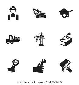 Set Of 9 Editable Building Icons. Includes Symbols Such As Elevator, Trolley, Employee And More. Can Be Used For Web, Mobile, UI And Infographic Design.