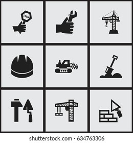 Set Of 9 Editable Building Icons. Includes Symbols Such As Elevator, Mule, Oar And More. Can Be Used For Web, Mobile, UI And Infographic Design.