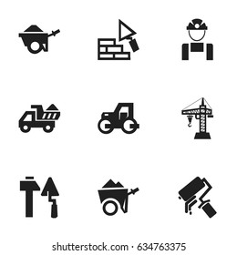Set Of 9 Editable Building Icons. Includes Symbols Such As Construction Tools, Camion, Trolley And More. Can Be Used For Web, Mobile, UI And Infographic Design.