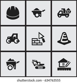 Set Of 9 Editable Building Icons. Includes Symbols Such As Notice Object , Handcart , Trolley. Can Be Used For Web, Mobile, UI And Infographic Design.