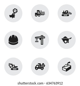 Set Of 9 Editable Building Icons. Includes Symbols Such As Mule, Spatula, Trolley And More. Can Be Used For Web, Mobile, UI And Infographic Design.