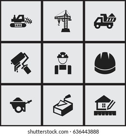 Set Of 9 Editable Building Icons. Includes Symbols Such As Mule, Spatula, Scrub And More. Can Be Used For Web, Mobile, UI And Infographic Design.