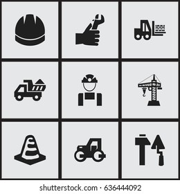 Set Of 9 Editable Building Icons. Includes Symbols Such As Caterpillar, Hardhat, Notice Object And More. Can Be Used For Web, Mobile, UI And Infographic Design.