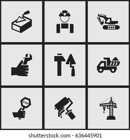 Set Of 9 Editable Building Icons. Includes Symbols Such As Scrub, Excavation Machine, Camion And More. Can Be Used For Web, Mobile, UI And Infographic Design.