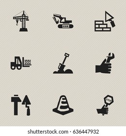 Set Of 9 Editable Building Icons. Includes Symbols Such As Construction Tools, Truck, Notice Object And More. Can Be Used For Web, Mobile, UI And Infographic Design.