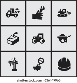 Set Of 9 Editable Building Icons. Includes Symbols Such As Elevator, Mule, Trolley And More. Can Be Used For Web, Mobile, UI And Infographic Design.