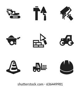 Set Of 9 Editable Building Icons. Includes Symbols Such As Facing, Trolley, Truck And More. Can Be Used For Web, Mobile, UI And Infographic Design.