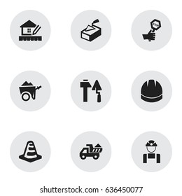Set Of 9 Editable Building Icons. Includes Symbols Such As Home Scheduling, Construction Tools, Notice Object And More. Can Be Used For Web, Mobile, UI And Infographic Design.