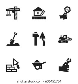 Set Of 9 Editable Building Icons. Includes Symbols Such As Construction Tools, Facing, Home Scheduling And More. Can Be Used For Web, Mobile, UI And Infographic Design.