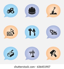 Set Of 9 Editable Building Icons. Includes Symbols Such As Construction Tools, Scrub, Caterpillar And More. Can Be Used For Web, Mobile, UI And Infographic Design.
