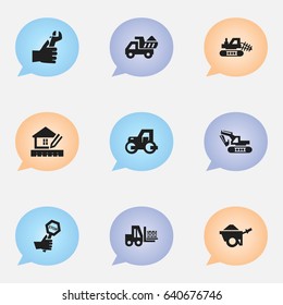 Set Of 9 Editable Building Icons. Includes Symbols Such As Camion , Caterpillar, Hands. Can Be Used For Web, Mobile, UI And Infographic Design.