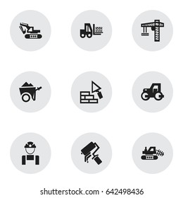 Set Of 9 Editable Building Icons. Includes Symbols Such As Employee, Excavation Machine, Scrub And More. Can Be Used For Web, Mobile, UI And Infographic Design.