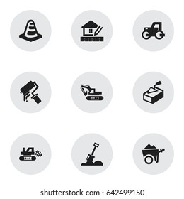 Set Of 9 Editable Building Icons. Includes Symbols Such As Spatula, Notice Object, Mule And More. Can Be Used For Web, Mobile, UI And Infographic Design.