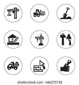 Set Of 9 Editable Building Icons. Includes Symbols Such As Truck, Construction Tools, Elevator And More. Can Be Used For Web, Mobile, UI And Infographic Design.