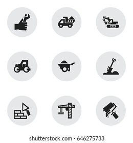 Set Of 9 Editable Building Icons. Includes Symbols Such As Scrub, Hands , Camion. Can Be Used For Web, Mobile, UI And Infographic Design.