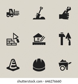 Set Of 9 Editable Building Icons. Includes Symbols Such As Hands , Truck , Hardhat. Can Be Used For Web, Mobile, UI And Infographic Design.
