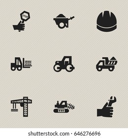 Set Of 9 Editable Building Icons. Includes Symbols Such As Mule, Trolley, Hardhat And More. Can Be Used For Web, Mobile, UI And Infographic Design.