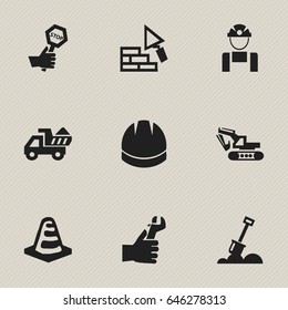 Set Of 9 Editable Building Icons. Includes Symbols Such As Hardhat, Camion, Oar And More. Can Be Used For Web, Mobile, UI And Infographic Design.