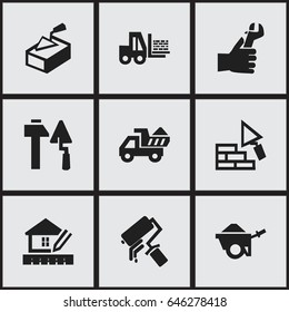 Set Of 9 Editable Building Icons. Includes Symbols Such As Scrub, Hands , Truck. Can Be Used For Web, Mobile, UI And Infographic Design.