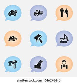 Set Of 9 Editable Building Icons. Includes Symbols Such As Lifting Equipment, Hands , Truck. Can Be Used For Web, Mobile, UI And Infographic Design.