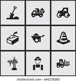 Set Of 9 Editable Building Icons. Includes Symbols Such As Caterpillar, Spatula, Oar And More. Can Be Used For Web, Mobile, UI And Infographic Design.