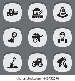 Set Of 9 Editable Building Icons. Includes Symbols Such As Home Scheduling, Notice Object, Endurance And More. Can Be Used For Web, Mobile, UI And Infographic Design.