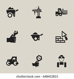 Set Of 9 Editable Building Icons. Includes Symbols Such As Facing, Hands , Endurance. Can Be Used For Web, Mobile, UI And Infographic Design.