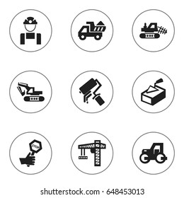 Set Of 9 Editable Building Icons. Includes Symbols Such As Camion, Lifting Equipment, Scrub And More. Can Be Used For Web, Mobile, UI And Infographic Design.