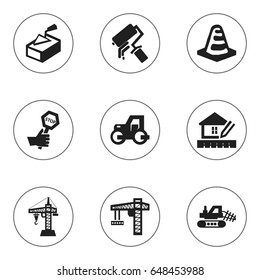 Set Of 9 Editable Building Icons. Includes Symbols Such As Scrub, Notice Object, Caterpillar And More. Can Be Used For Web, Mobile, UI And Infographic Design.