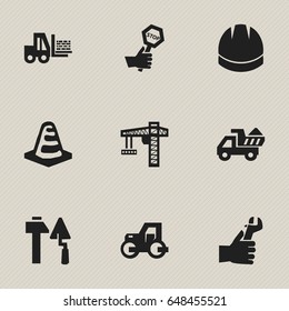 Set Of 9 Editable Building Icons. Includes Symbols Such As Endurance, Camion, Construction Tools And More. Can Be Used For Web, Mobile, UI And Infographic Design.