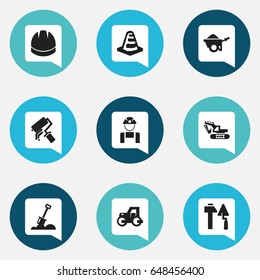 Set Of 9 Editable Building Icons. Includes Symbols Such As Excavation Machine, Hardhat, Trolley And More. Can Be Used For Web, Mobile, UI And Infographic Design.