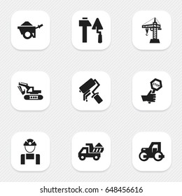 Set Of 9 Editable Building Icons. Includes Symbols Such As Caterpillar, Camion, Construction Tools And More. Can Be Used For Web, Mobile, UI And Infographic Design.