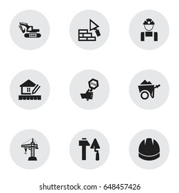 Set Of 9 Editable Building Icons. Includes Symbols Such As Hardhat, Endurance, Construction Tools And More. Can Be Used For Web, Mobile, UI And Infographic Design.
