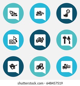 Set Of 9 Editable Building Icons. Includes Symbols Such As Excavation Machine, Truck, Endurance And More. Can Be Used For Web, Mobile, UI And Infographic Design.