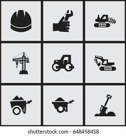 Set Of 9 Editable Building Icons. Includes Symbols Such As Hands , Trolley , Hardhat. Can Be Used For Web, Mobile, UI And Infographic Design.