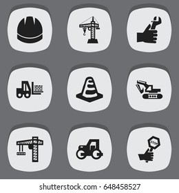 Set Of 9 Editable Building Icons. Includes Symbols Such As Excavation Machine, Hardhat, Notice Object And More. Can Be Used For Web, Mobile, UI And Infographic Design.
