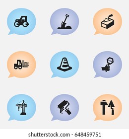 Set Of 9 Editable Building Icons. Includes Symbols Such As Construction Tools, Caterpillar, Spatula And More. Can Be Used For Web, Mobile, UI And Infographic Design.