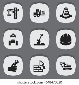 Set Of 9 Editable Building Icons. Includes Symbols Such As Hardhat, Employee, Excavation Machine And More. Can Be Used For Web, Mobile, UI And Infographic Design.