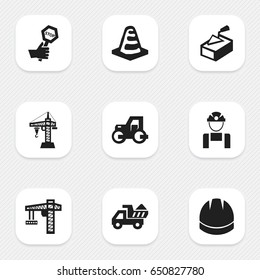 Set Of 9 Editable Building Icons. Includes Symbols Such As Lifting Equipment, Endurance, Caterpillar And More. Can Be Used For Web, Mobile, UI And Infographic Design.