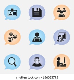 Set Of 9 Editable Bureau Icons. Includes Symbols Such As Staff, Floppy, Work At The Computer And More. Can Be Used For Web, Mobile, UI And Infographic Design.