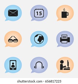 Set Of 9 Editable Bureau Icons. Includes Symbols Such As Telephone, Printing Machine, Date Block And More. Can Be Used For Web, Mobile, UI And Infographic Design.