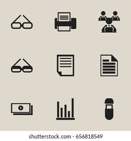 Set Of 9 Editable Bureau Icons. Includes Symbols Such As Spectacle, Eyeglasses, Usb And More. Can Be Used For Web, Mobile, UI And Infographic Design.