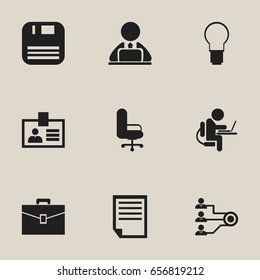 Set Of 9 Editable Bureau Icons. Includes Symbols Such As Workman In Laptop, Architecture, Person Working On Computer And More. Can Be Used For Web, Mobile, UI And Infographic Design.