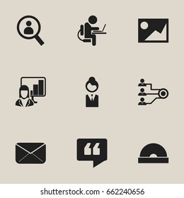 Set Of 9 Editable Bureau Icons. Includes Symbols Such As Architecture, Picture, Job Woman And More. Can Be Used For Web, Mobile, UI And Infographic Design.