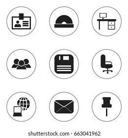 Set Of 9 Editable Bureau Icons. Includes Symbols Such As Compact Disk, Office Desk, Work Seat And More. Can Be Used For Web, Mobile, UI And Infographic Design.
