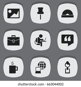 Set Of 9 Editable Bureau Icons. Includes Symbols Such As Compact Disk, Person Working On Computer, Comment And More. Can Be Used For Web, Mobile, UI And Infographic Design.