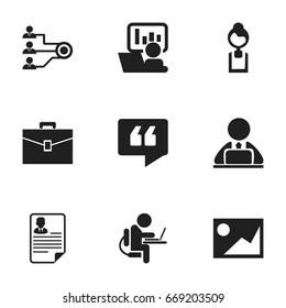 Set Of 9 Editable Bureau Icons. Includes Symbols Such As Architecture, Person Working On Computer, Comment And More. Can Be Used For Web, Mobile, UI And Infographic Design.